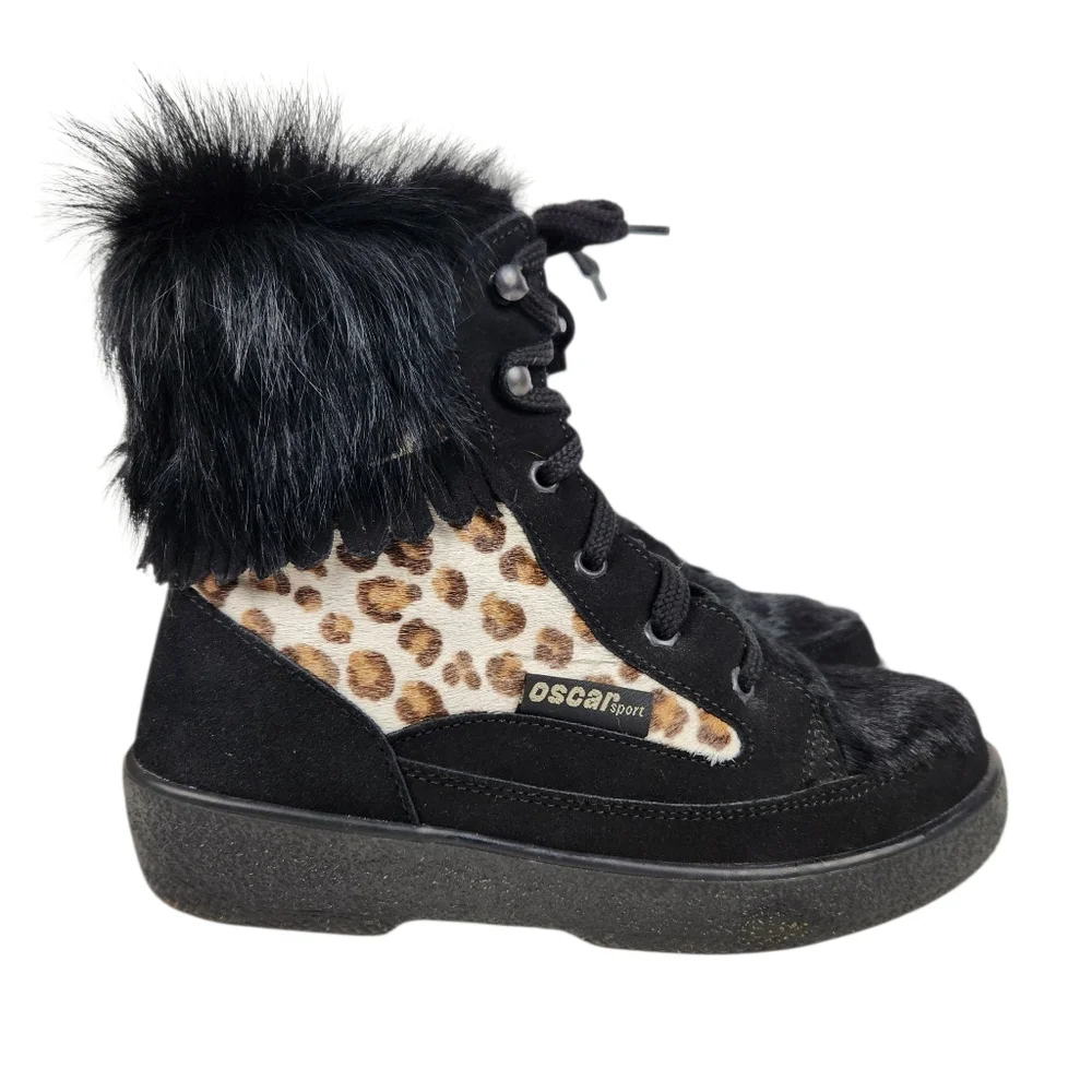 Oscar Sport Cristina Après Ski Black Fur Suede Leather Cheetah BootWomen Size 38 - Picture 3 of 16